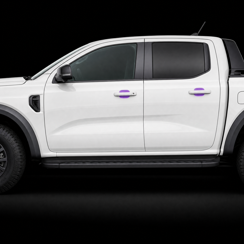 Ford Ranger Raptor door handle cups on both doors with pre-cut PPF shown in translucent purple