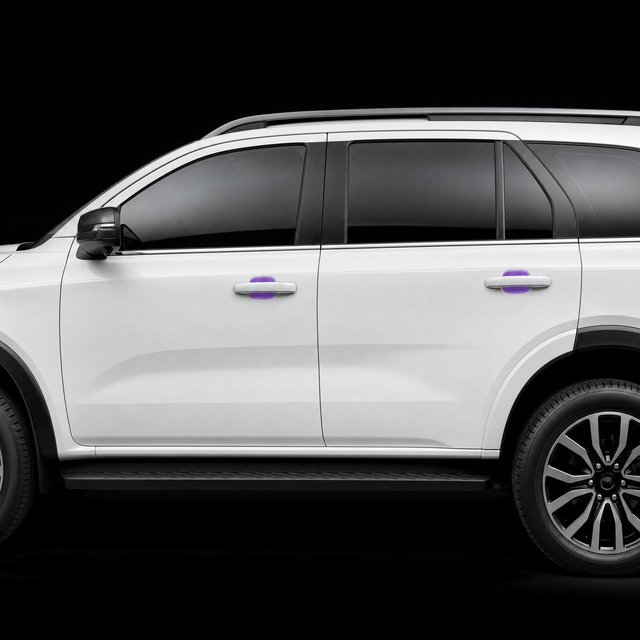 Ford Everest door handle cups on both doors with pre-cut PPF shown in translucent purple