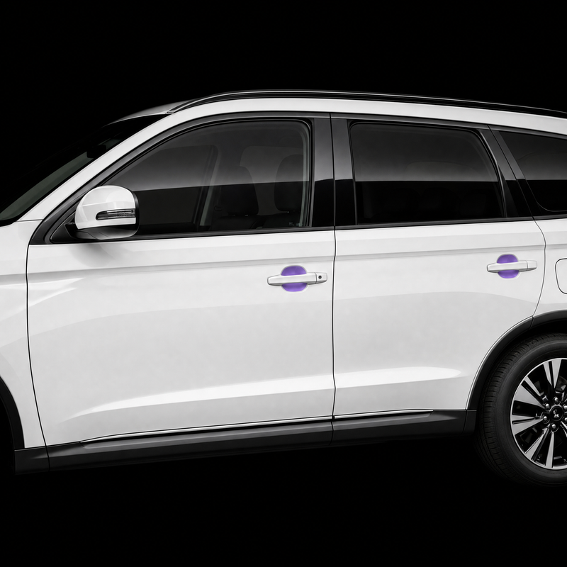 Mitsubishi Outlander door handle cups on both doors with pre-cut PPF shown in translucent purple