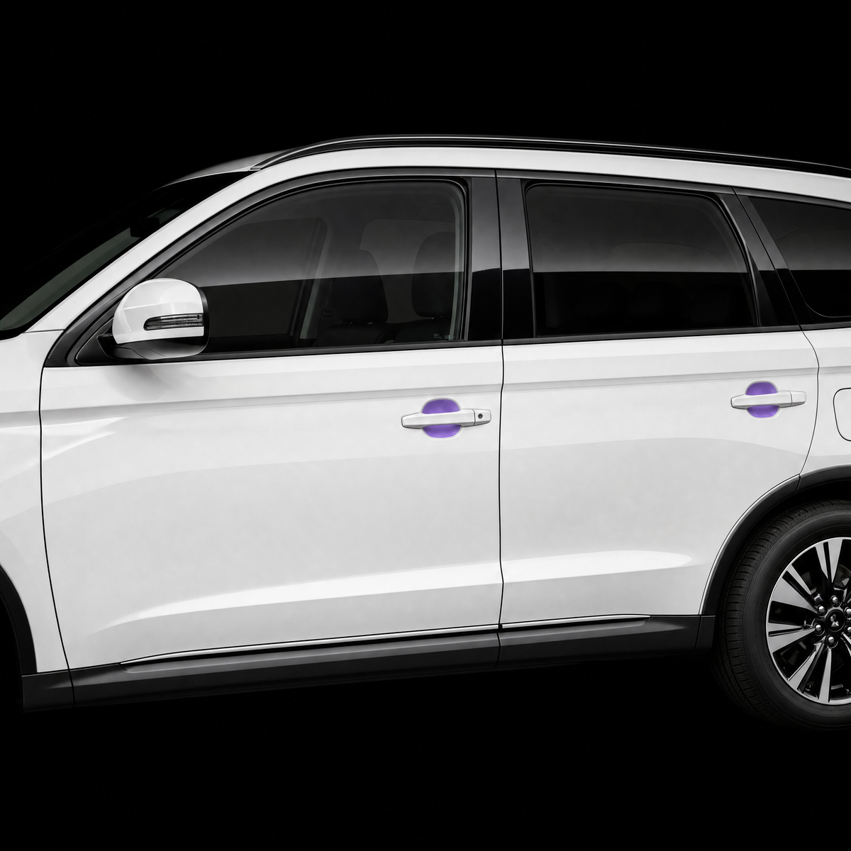 Mitsubishi Outlander door handle cups on both doors with pre-cut PPF shown in translucent purple