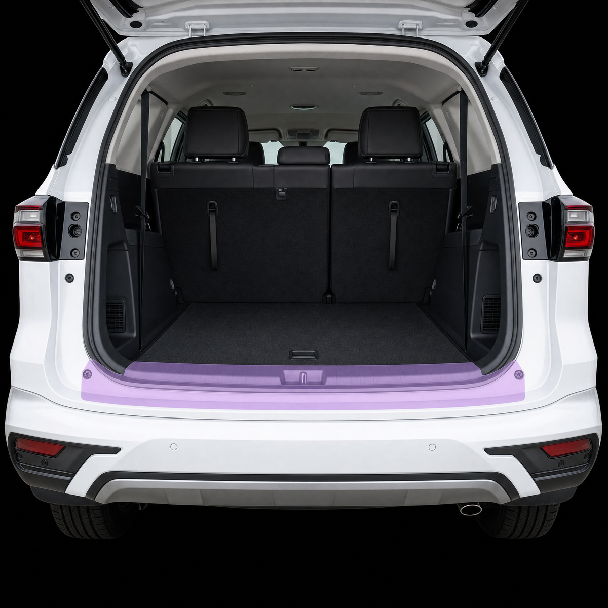 Pre-cut luggage sill protection film shown tinted lilac on the boot loading lip of a white Isuzu MU-X