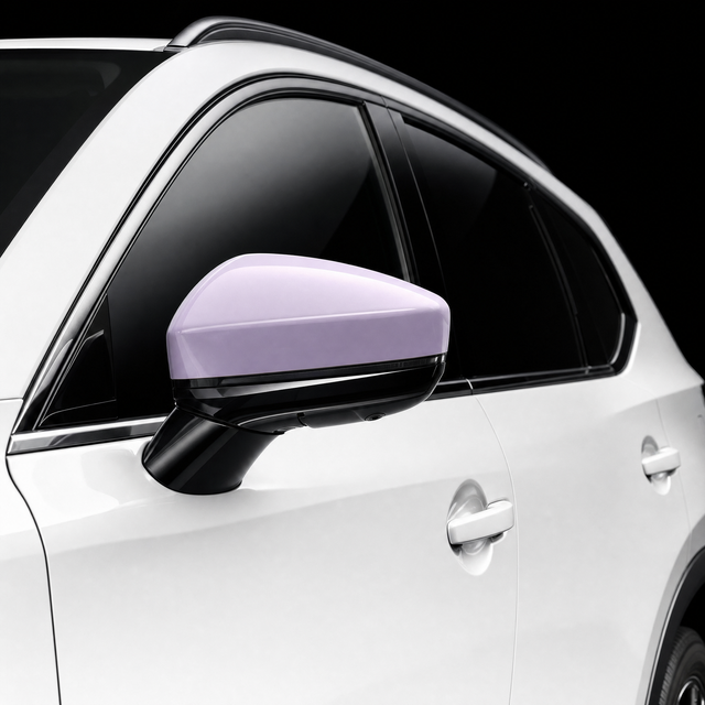 Pre-cut mirror cap protection film shown tinted lilac on the door mirror of a white Mazda CX-5 2026