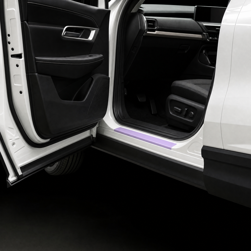 Pre-cut door sill protection film shown tinted lilac on the lower sill of a white Mazda CX-60