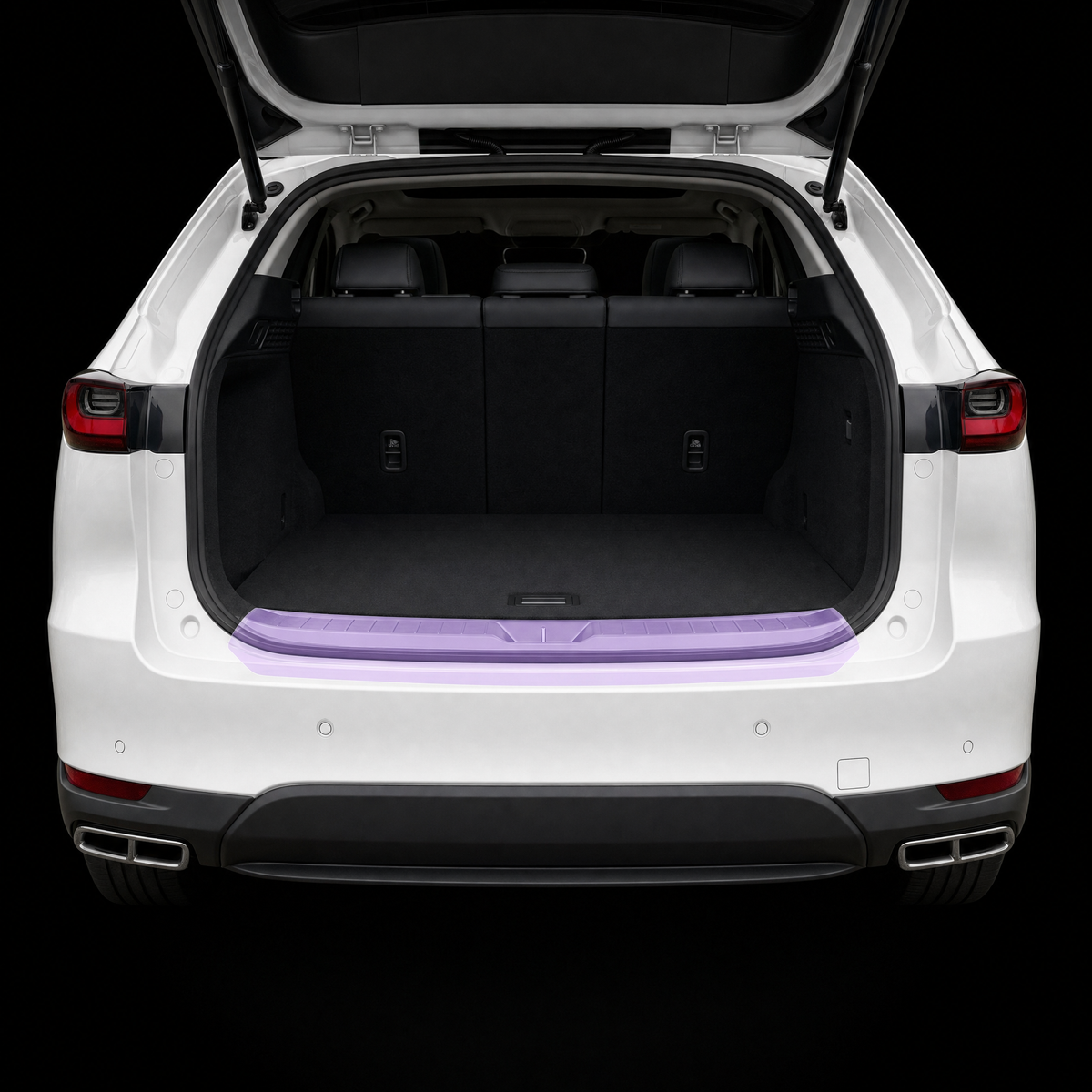 Pre-cut luggage sill protection film shown tinted lilac on the boot loading lip of a white Mazda CX-60