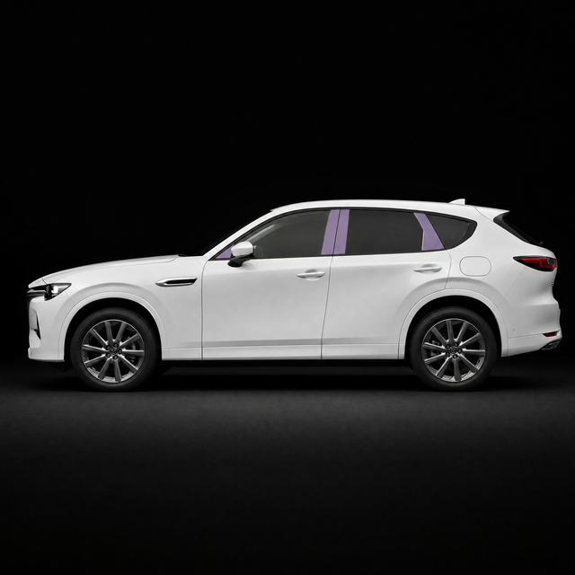 Pre-cut B and C pillar protection film shown tinted lilac on the pillar trims of a white Mazda CX-60