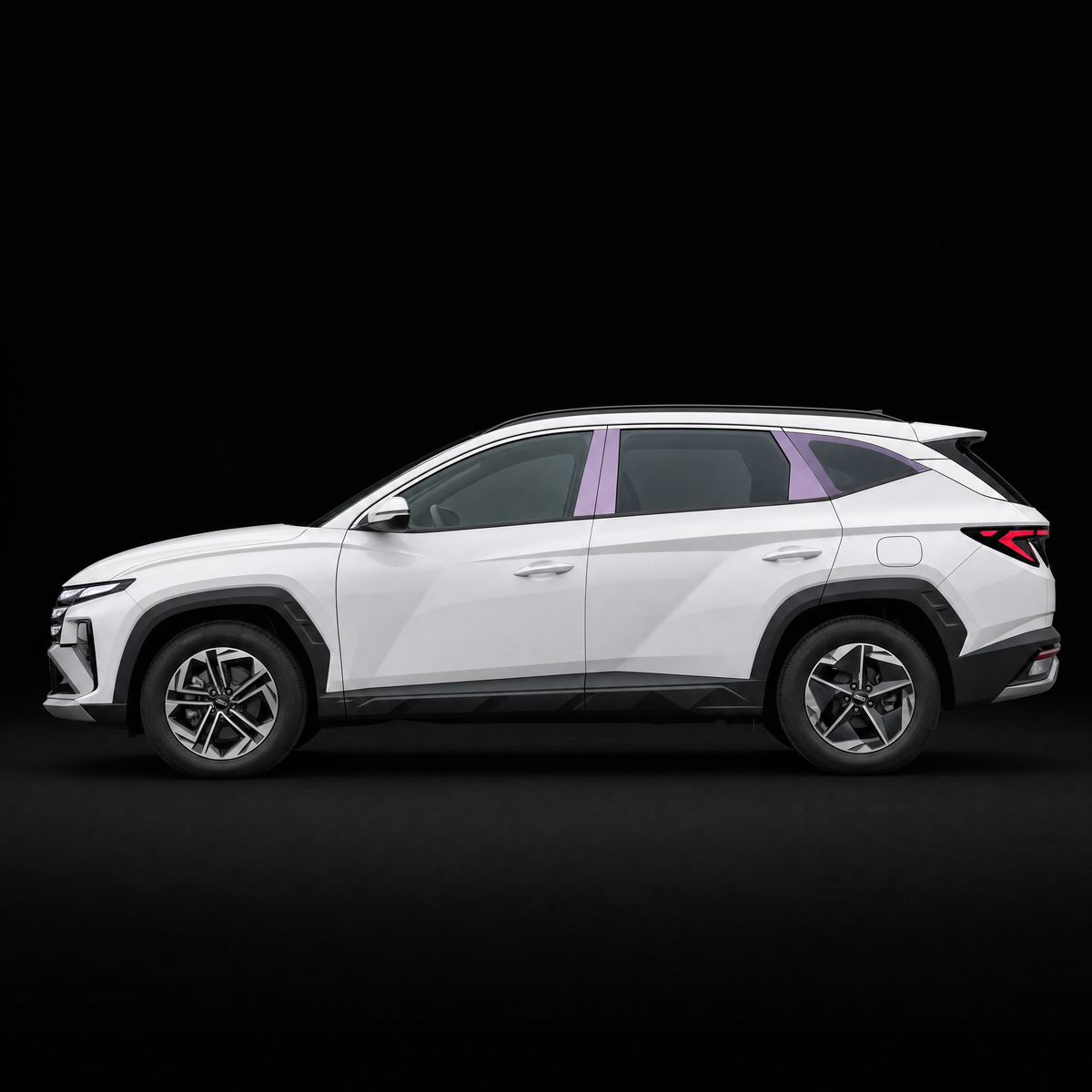 Pre-cut B and C pillar protection film shown tinted lilac on the pillar trims of a white Hyundai Tucson