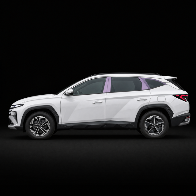 Pre-cut B and C pillar protection film shown tinted lilac on the pillar trims of a white Hyundai Tucson