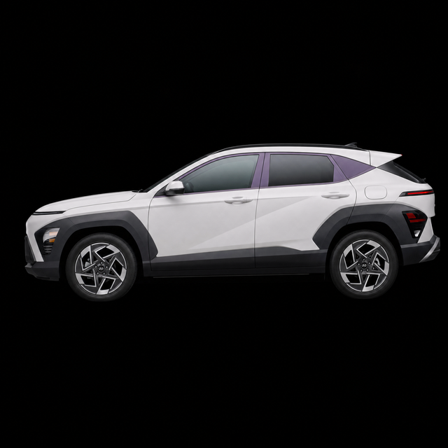 Pre-cut B and C pillar protection film shown tinted lilac on the pillar trims of a white Hyundai Kona