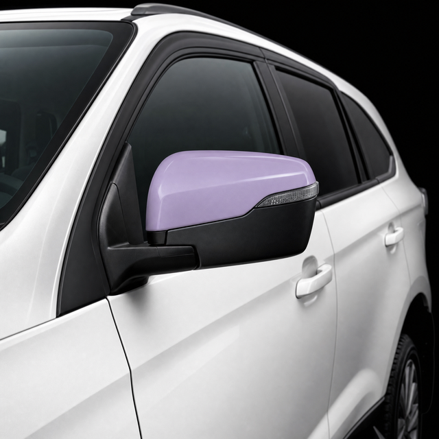 Pre-cut mirror cap protection film shown tinted lilac on the door mirror of a white Isuzu MU-X