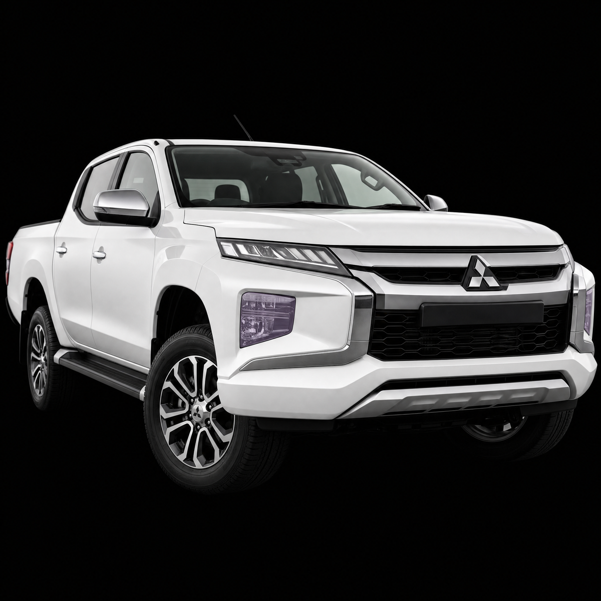 Pre-cut headlight protection film shown tinted lilac on the headlights of a white Mitsubishi Triton 2021-2024