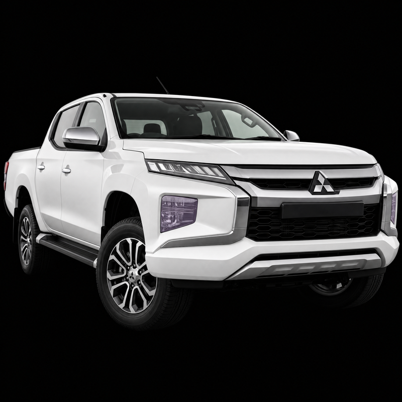 Pre-cut headlight protection film shown tinted lilac on the headlights of a white Mitsubishi Triton 2021-2024