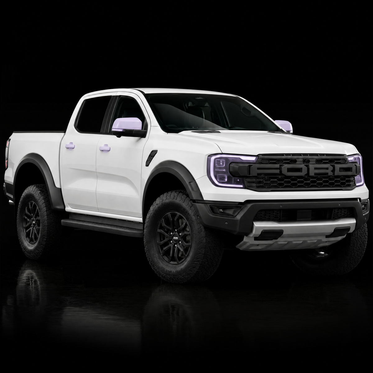 White Ford Ranger Raptor with the Essentials Bundle areas — headlights, mirror caps and door cups — shown in translucent lilac film