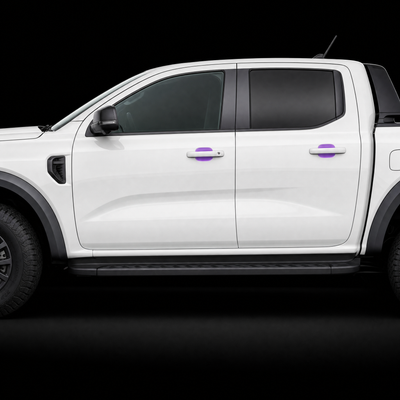 Ford Ranger Raptor door handle cups on both doors with pre-cut PPF shown in translucent purple