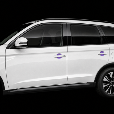 Mitsubishi Outlander door handle cups on both doors with pre-cut PPF shown in translucent purple