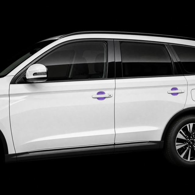 Mitsubishi Outlander door handle cups on both doors with pre-cut PPF shown in translucent purple