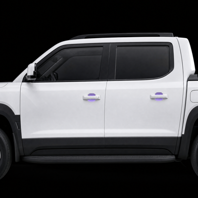 BYD Shark 6 door handle cups on both doors with pre-cut PPF shown in translucent purple