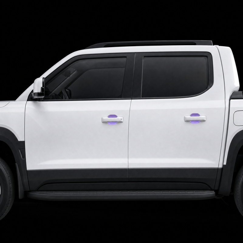 BYD Shark 6 door handle cups on both doors with pre-cut PPF shown in translucent purple