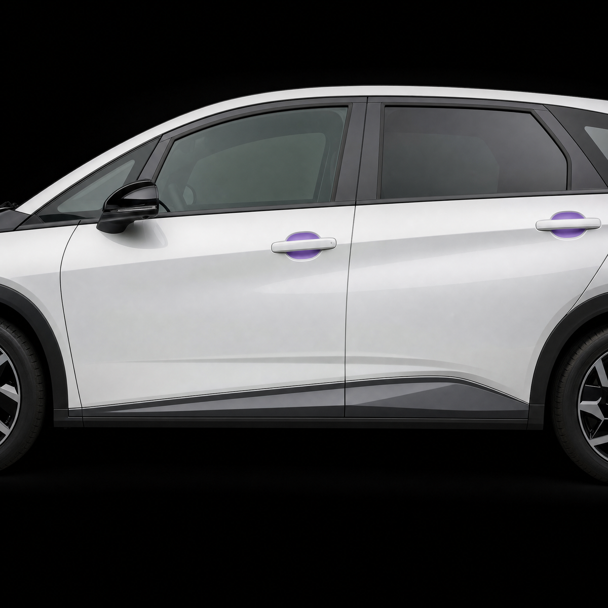 BYD Dolphin door handle cups on both doors with pre-cut PPF shown in translucent purple