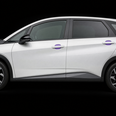 BYD Dolphin door handle cups on both doors with pre-cut PPF shown in translucent purple