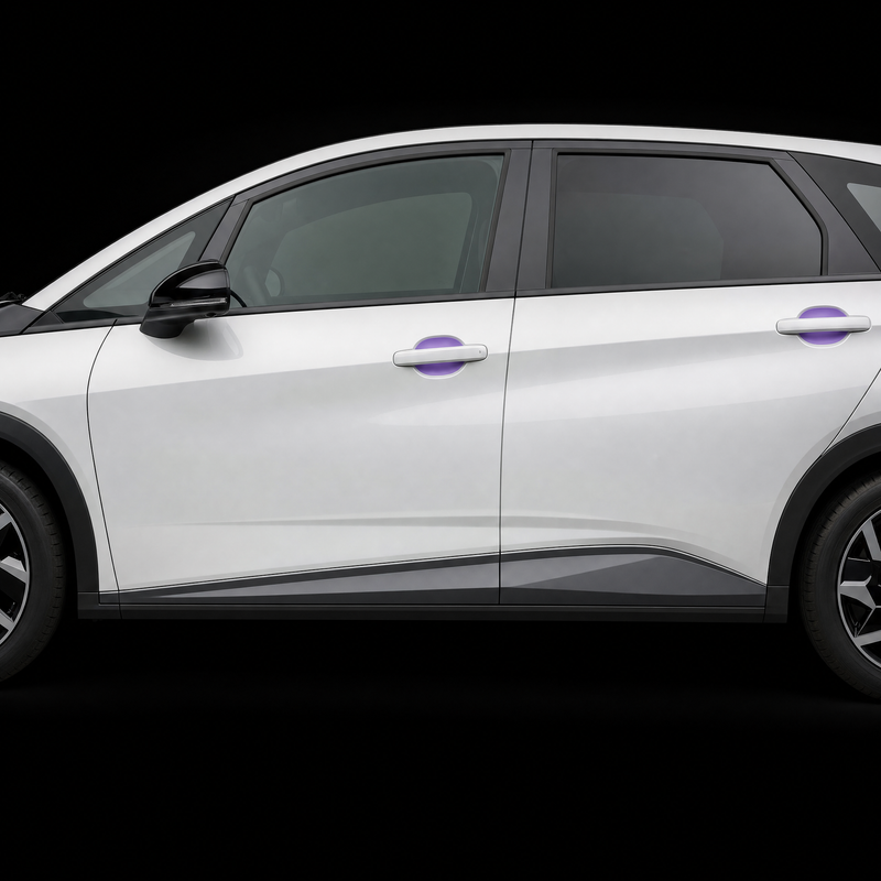 BYD Dolphin door handle cups on both doors with pre-cut PPF shown in translucent purple