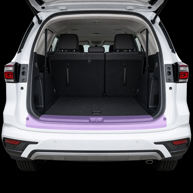 Pre-cut luggage sill protection film shown tinted lilac on the boot loading lip of a white Isuzu MU-X