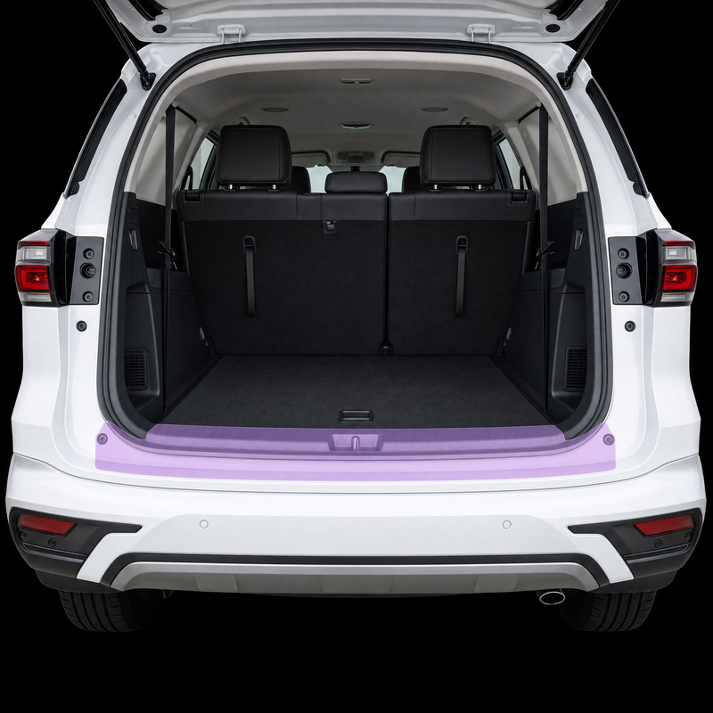 Pre-cut luggage sill protection film shown tinted lilac on the boot loading lip of a white Isuzu MU-X