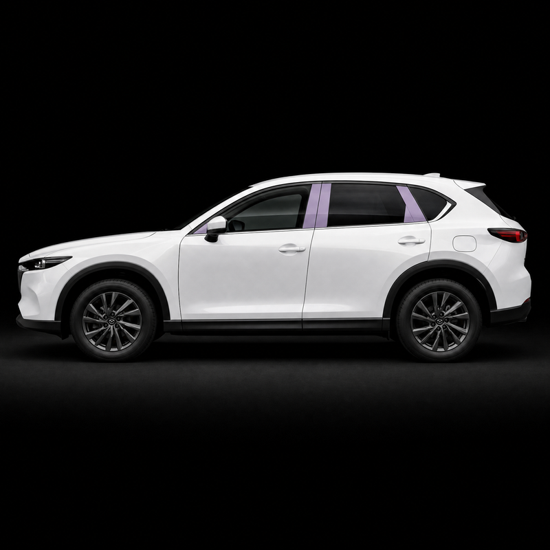 Pre-cut B and C pillar protection film shown tinted lilac on the pillar trims of a white Mazda CX-5 2026