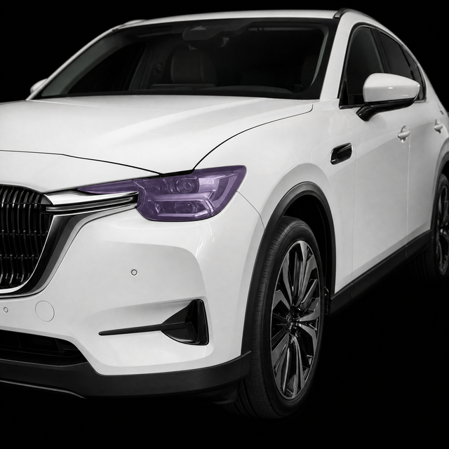 Pre-cut headlight protection film shown tinted lilac on the headlights of a white Mazda CX-60