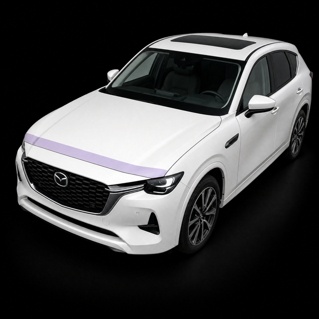 Pre-cut bonnet protection film strip shown tinted lilac on the leading edge of a white Mazda CX-60