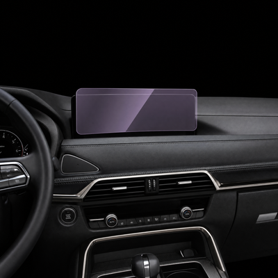 Pre-cut infotainment screen protection film shown tinted lilac on the touchscreen of a white Mazda CX-60
