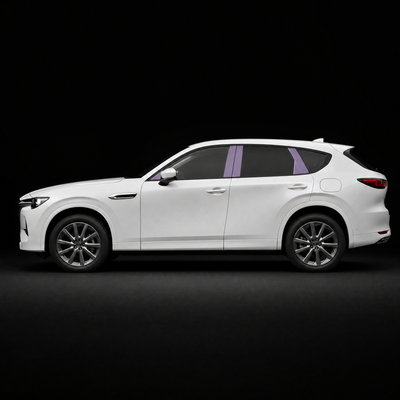 Pre-cut B and C pillar protection film shown tinted lilac on the pillar trims of a white Mazda CX-60