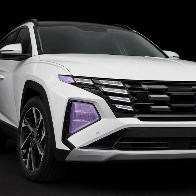 Pre-cut headlight protection film shown tinted lilac on the headlights of a white Hyundai Tucson