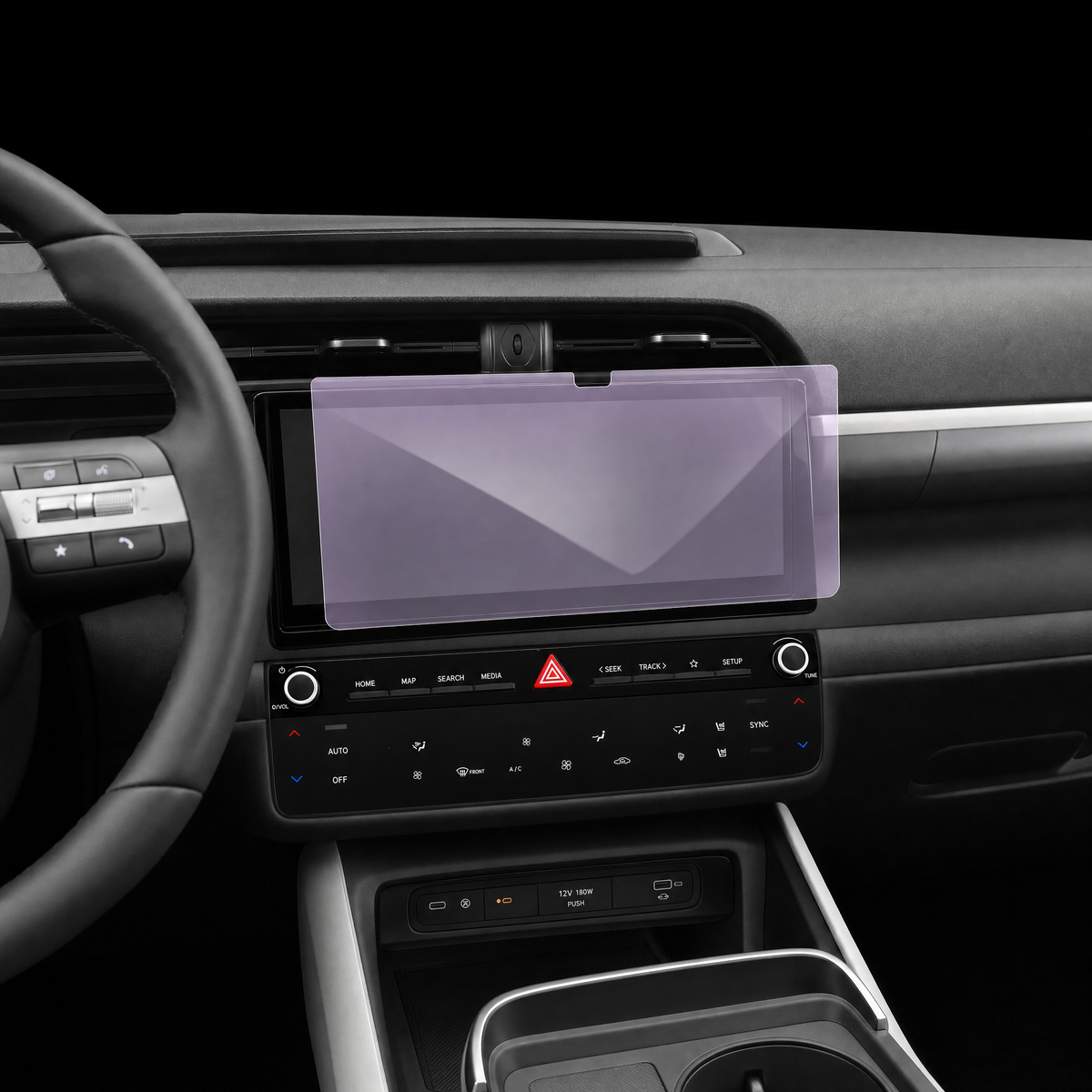 Pre-cut infotainment screen protection film shown tinted lilac on the touchscreen of a white Hyundai Tucson