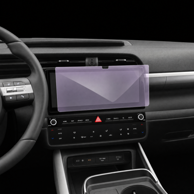 Pre-cut infotainment screen protection film shown tinted lilac on the touchscreen of a white Hyundai Tucson