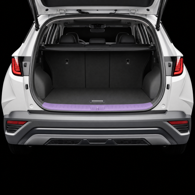 Pre-cut luggage sill protection film shown tinted lilac on the boot loading lip of a white Hyundai Tucson