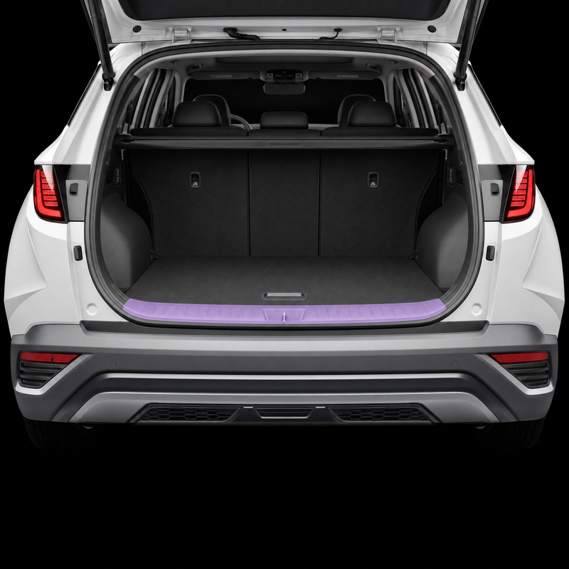 Pre-cut luggage sill protection film shown tinted lilac on the boot loading lip of a white Hyundai Tucson