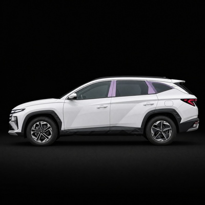Pre-cut B and C pillar protection film shown tinted lilac on the pillar trims of a white Hyundai Tucson