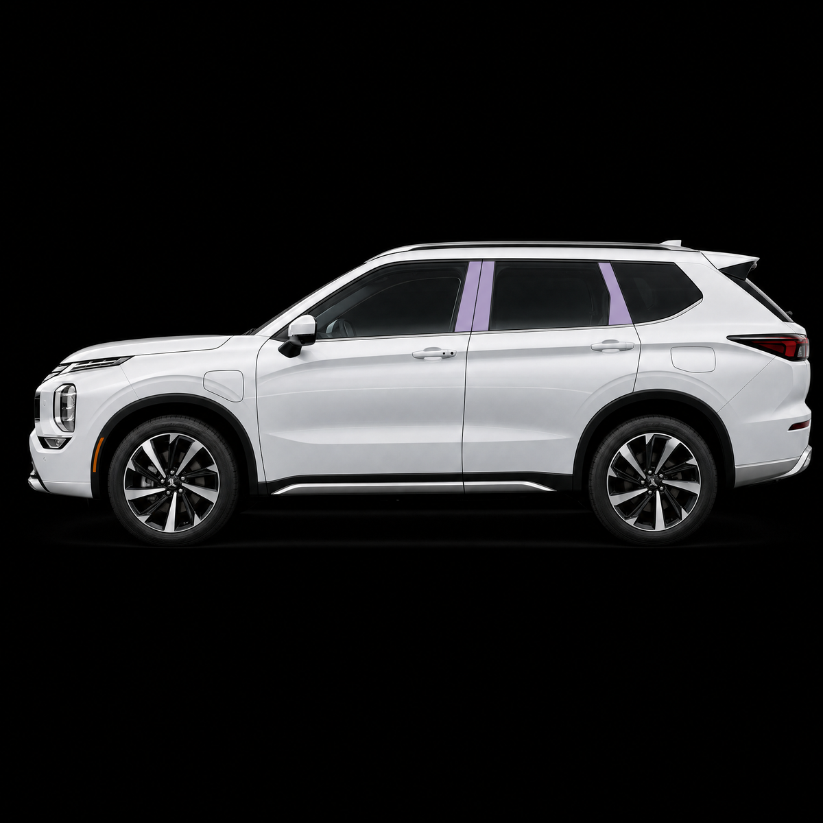 Pre-cut B and C pillar protection film shown tinted lilac on the pillar trims of a white Mitsubishi Outlander