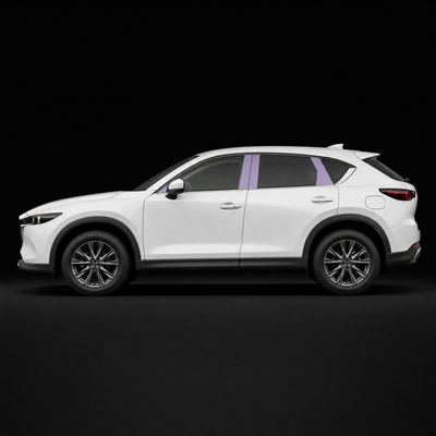 Pre-cut B and C pillar protection film shown tinted lilac on the pillar trims of a white Mazda CX-5