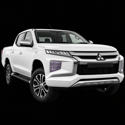 Pre-cut headlight protection film shown tinted lilac on the headlights of a white Mitsubishi Triton 2021-2024