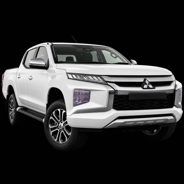 Pre-cut headlight protection film shown tinted lilac on the headlights of a white Mitsubishi Triton 2021-2024