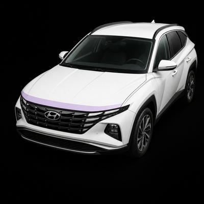 Pre-cut bonnet protection film strip shown tinted lilac on the leading edge of a white Hyundai Tucson