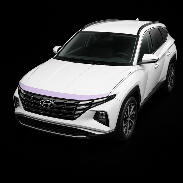 Pre-cut bonnet protection film strip shown tinted lilac on the leading edge of a white Hyundai Tucson