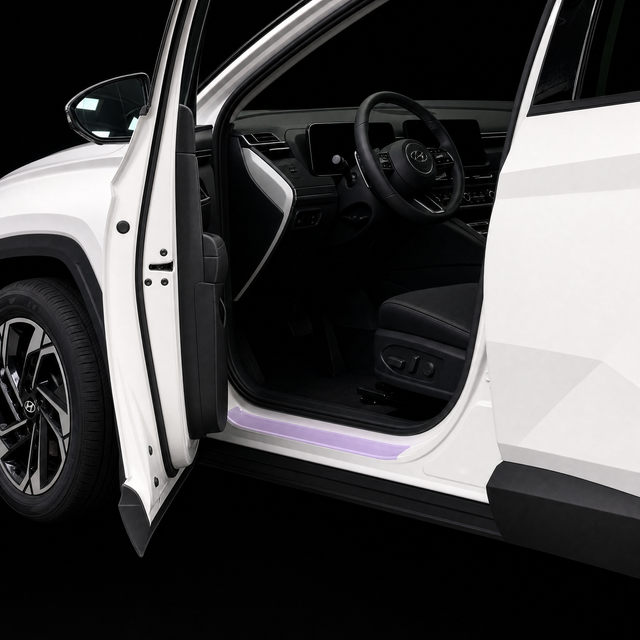 Pre-cut door sill protection film shown tinted lilac on the lower sill of a white Hyundai Tucson