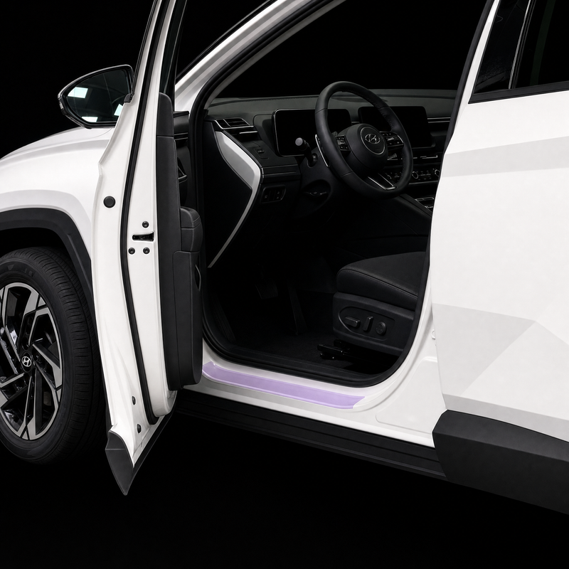 Pre-cut door sill protection film shown tinted lilac on the lower sill of a white Hyundai Tucson