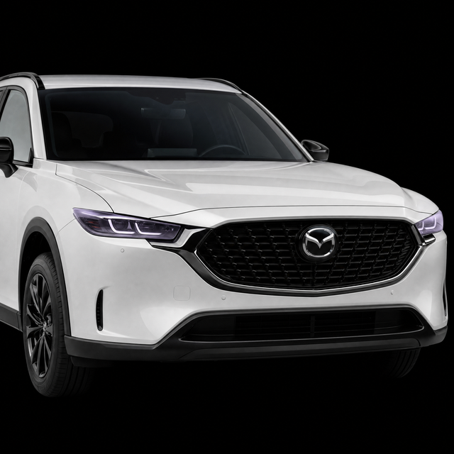 Pre-cut headlight protection film shown tinted lilac on the headlights of a white Mazda CX-5 2026