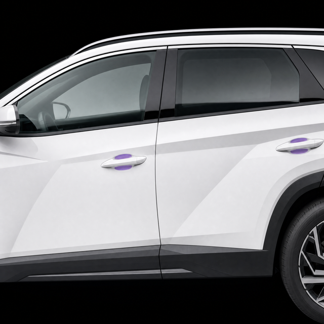 Pre-cut door handle cup protection film shown tinted purple in both door cups of a white Hyundai Tucson
