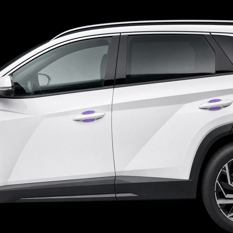 Pre-cut door handle cup protection film shown tinted purple in both door cups of a white Hyundai Tucson