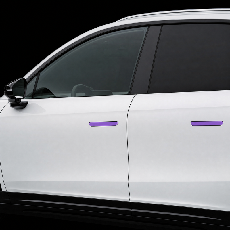 Pre-cut door handle protection film shown tinted purple on both flush door handles of a white Zeekr 7X