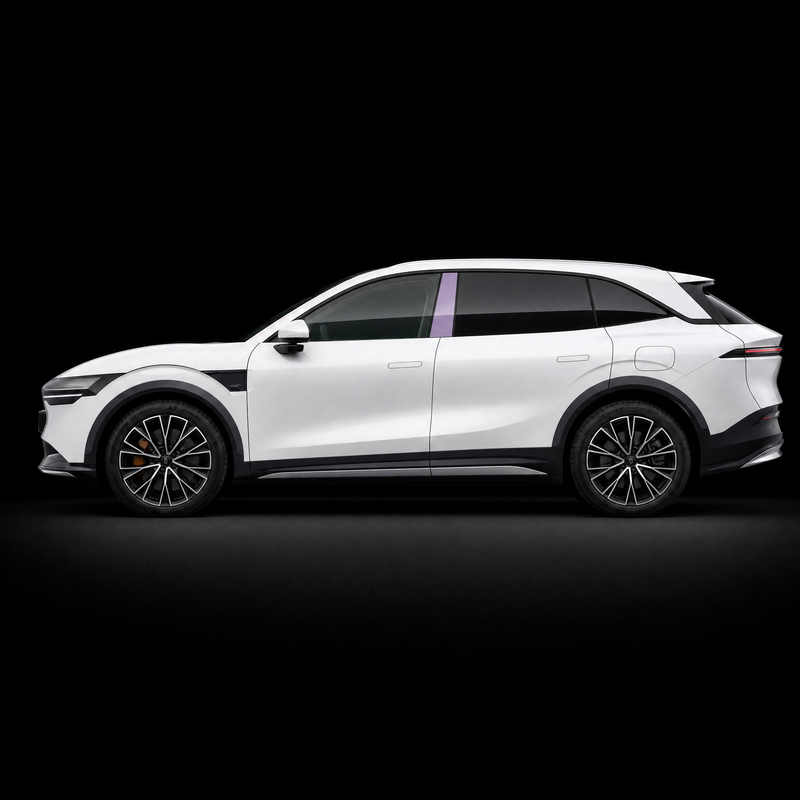 Pre-cut B-pillar protection film shown tinted lilac on the pillar trims of a white Zeekr 7X